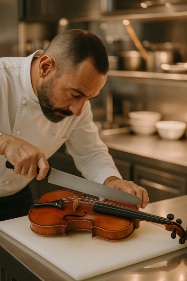 Chef concentré découpant un violon sur une planche de cuisine, illustrant la fusion entre gastronomie et musique